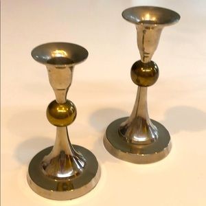 Vintage pair of silver and brass candle holders